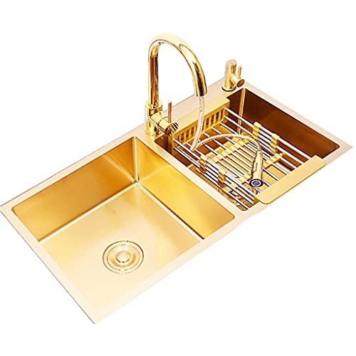 Edelstahl-Küchen-Doppelwaschbecken, Balkon-Doppelwaschbecken, goldene Nano-Quadrat-Doppelschüssel, leicht zu reinigende Doppelschüsseln, einschließlich verschiedener Zubehörteile (Farbe: Gol