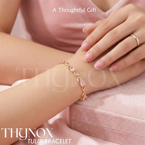 Image of THYNOX Tulip Bracelet for Women Stylish | Gold Plated Crystal Floral Jewellery | Adjustable Chain Wrist for Women & Girls Stylish | Elegant Tulip Bracelet for Women, Party & Daily Wear Accessory