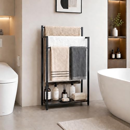 169-W-Freestanding-Towel-Rack-with-Black-Wood-Shelf-3-Tier-Blanket-Ladder-Stand-for-Bathroom-Living-Room-Metal-Frame315H-x-169W-x79D