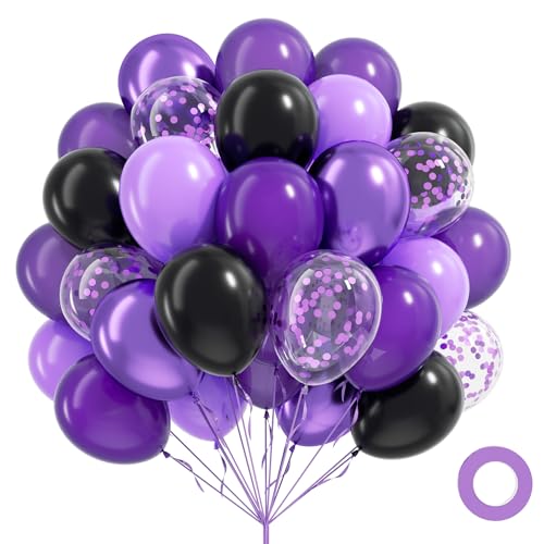 60pcs Purple and Black Balloons 12inch Black Metallic Dark Purple Confetti Balloons for Birthday Party Decorations