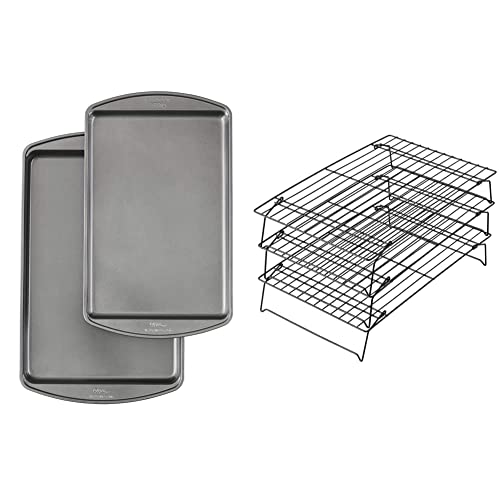 Wilton Perfect Results Premium Non-Stick Bakeware Cookie Baking Sheets Set, 2-Piece, Steel & Excelle Elite 3-Tier Cooling Rack for Cookies, Cake and More, Black