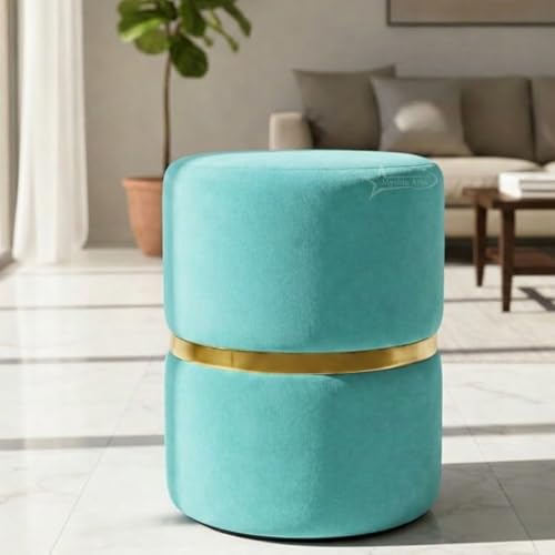 Image of Round Single Strip Upholstered Stool Living Room Foot Rest Linen Fabric Padded Seat Pouf Ottoman Office Stool Aqua