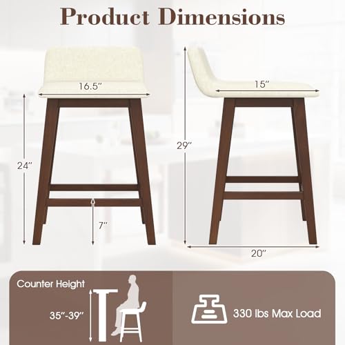 Conjunto de 4 butacos tapizados de madera COSTWAY, altura 24 pulgadas, color marrón + beige | Butacos sin brazos con respaldo bajo, reposapiés resistente y patas de madera de caucho para isla de cocina, bistró y comedor miniatura 3