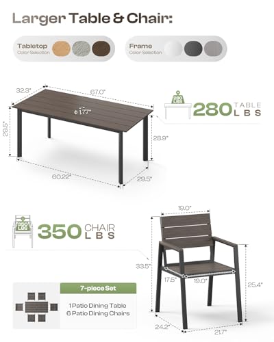 Image of Outdoor Dining Set for 6, Patio Table and Chairs Set with Umbrella Hole, 7 Pieces HDPS + Aluminum Outdoor Furniture Sets for Patio, Garden (Charcoal)