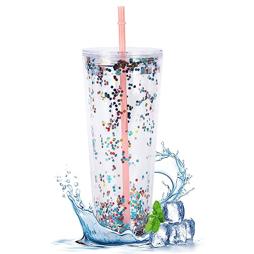 710ml Colour Changing Cups Reusable Plastic Cup with Lids and Straws Rainbow Double Walled Plastic Tumbler Transparent Water Tumbler for Iced Coffee Cups Travel Juice (Glitter A)