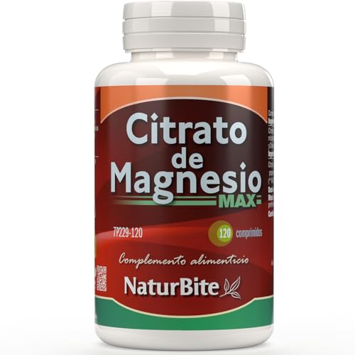 Citrato de Magnesio MAX NaturBite - 120 Comprimidos - Alta Biodisponibilidad - 250mg de Magnesio Elemental por Comprimido - Suplemento Premium para Huesos, Músculos y Energía