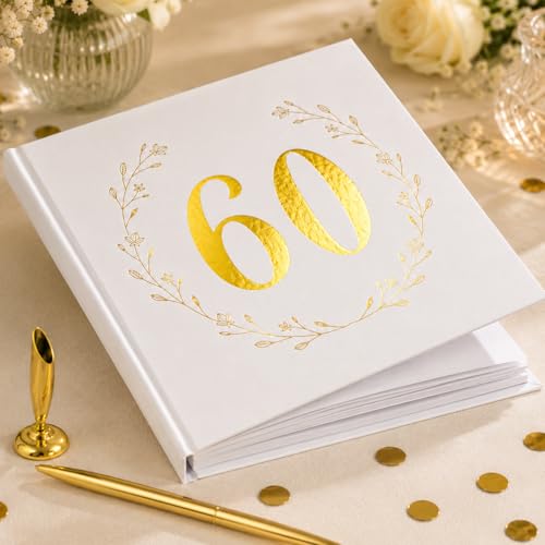 Image of Calculs 60th Birthday or Anniversary Guest Book, Gold Photo Album | 8.5-inch square hardcover keepsake book, 32 blank sheets for messages and instant photos, pen included