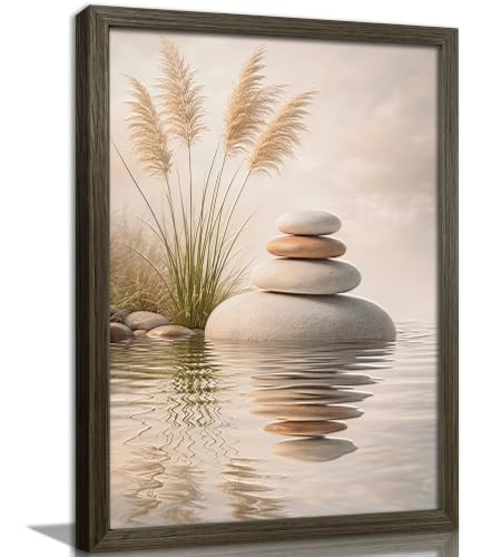 ZHJIOFXG Japandi Wabi‑Sabi Framed Wall Art Zen Stacked Balance Stones with Pampas Grass Water Reflection Print Soft Neutral Earth Tone Serene Calming Spa Bathroom Bedroom Yoga Room Wall Decor 8x10 In