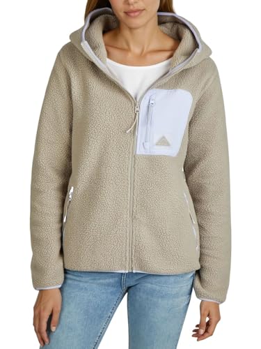 DENIMFY Fleecejacke Damen Regular Fit DFLea Teddyfleece Kapuzenjacke Winterjacke Übergangsjacke Stehkragen, Größe:L, Farben:Slate Grey-Greyish Lavender-Light Sand
