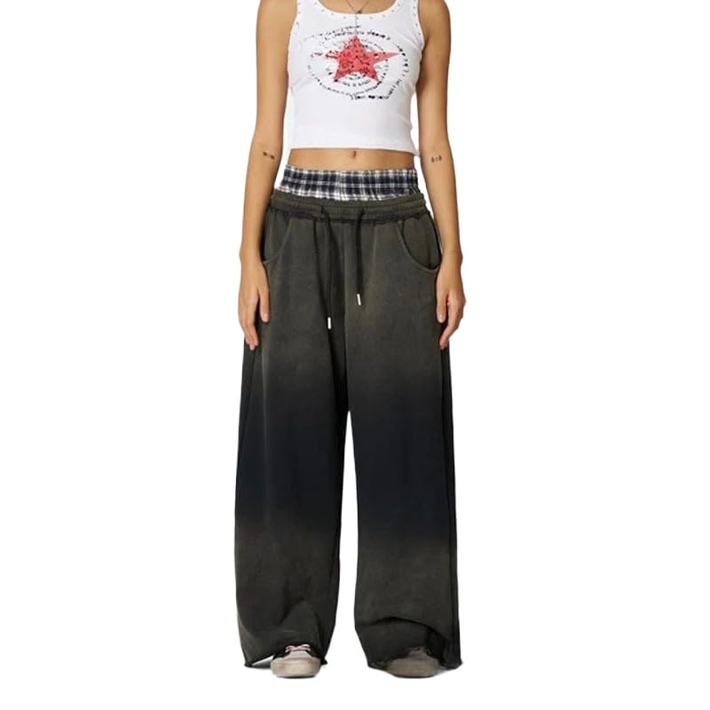 Womens Plaid Patchwork Acid Washed Sports Pants Casual Drawstring Wide Leg Pants Loose Pants with Pockets