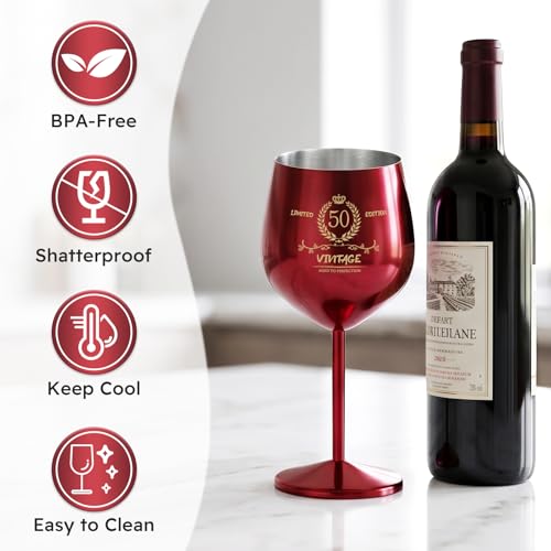 TJ 50th Birthday Gifts for Women Vintage Engraved Wine Glass - 50th Birthday Stainless Steel Wine Glass Birthday Decorations For Women, 50 Year Old Birthday Gifts for Sister Friends Wife Aunt, Red — view 4