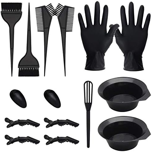 CREATESTAR 15 Pcs Hair Dye Coloring Kit, Hair Coloring Dyeing Bleaching DIY Salon Tool, Hair Tinting Bowl/Dye Brush/Mixing Spoon/Ear Cover/Gloves/Tint Comb Hair Dye Kit (Black)