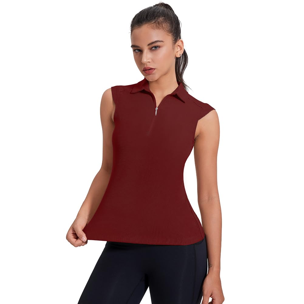 VAUTE Women's Sleeveless Golf Polo Shirts UPF 50+ 1/4 Zip Tennis Tank Tops with Collar UV Protection Shirt Quick Dry Lightweight Outdoor Athletic Shirt Burgundy Medium