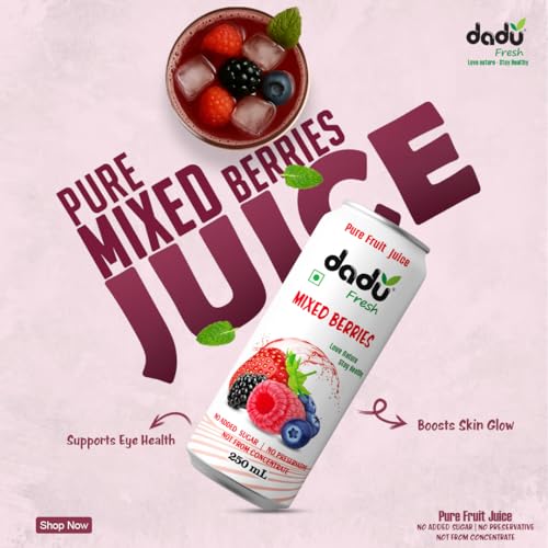 Image of Dadu Fresh Tropical & Berry Fruit Juice Combo | Passion Fruit, Cranberry, Mixed Berries & Lychee | Pure Fruit Healthy Beverage | No Added Sugar, No Preservatives, Not from Concentrate | Vitamin Rich & Naturally Refreshing | 1070ml (4 Cans)