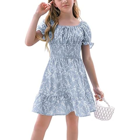 Goranbon Girls' Summer Floral Dress Kids 2024 Puff Sleeve Square Neck Smocked Flowy Sun Dresses A-Sky Blue Cover