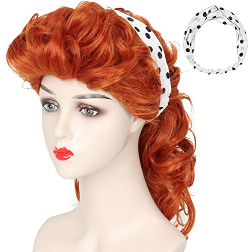 Yan Dream Long Curly Copper Red Updo Wig 50's Housewife Wig Halloween Costume Wigs for Women Adult