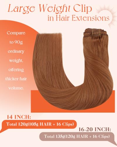 Image of Sunny Hair Clip in Hair Extensions Real Human Hair 120g for Fuller Hair | 14 Inch Thick Remy Hair Piece Clip ins for Women Copper Orange, Easy to Use for Everyday Wear with Natural Volume