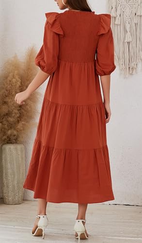 Image of Women Casual Lantern Sleeve Ruffle V Neck Fall Dress Boho Flowy Maxi Dresses Tiered Cocktail Long Dress