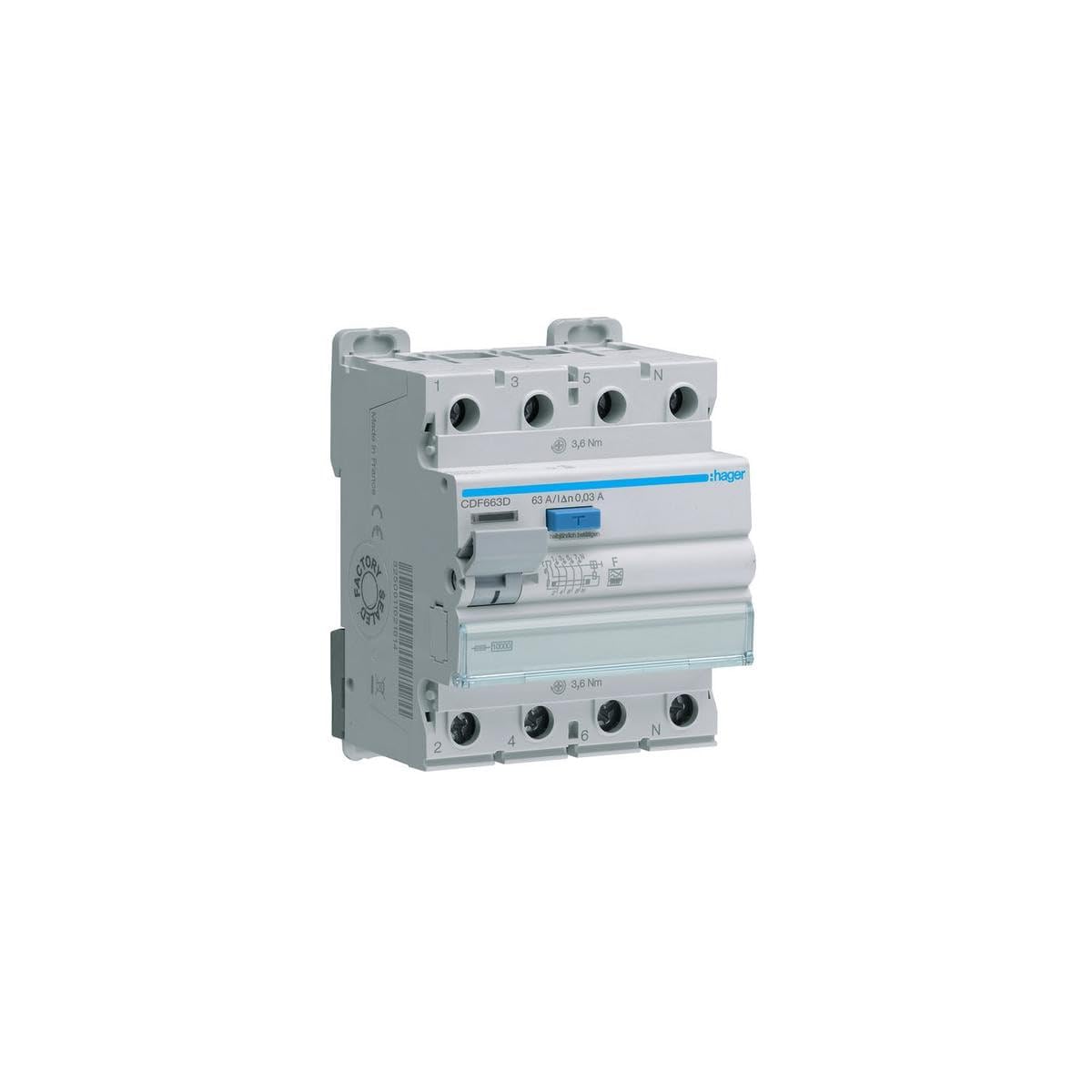 Hager CDF663D FI-Schutzschalter 4polig 63A 30mA Typ F