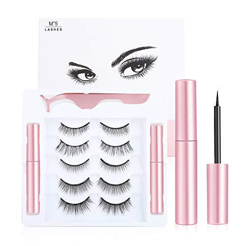 Magnetic Eyelashes - 3D Magnetic Eyelashes with Eyeliner Kit, 5 Pairs Reusable Eyelashes Natural Look, Magnetic Eyeliner and Lashes with Applicator - no Glue Needed