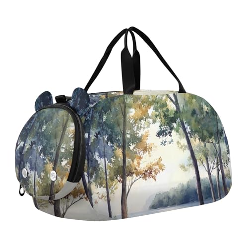 Flradish Frest Fake Landscape Kids Overnight Duffle Bag,Gymnastics Sports Dance Bag with Shoe Compartment & Wet Pocket, Travel Weekender Tote for Boys & Girls