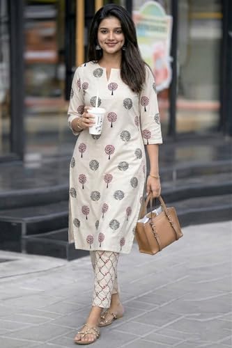 Image of GoSriKi Co-ord Set Women Viscose Printed | Kurti Set Woman | Kurta Pant 2 Piece Outfit | Round Neck V Slit 3 /4 Sleeve Regular Fit Ethnic Wear Ladies Dress Stylish Traditional Clothing
