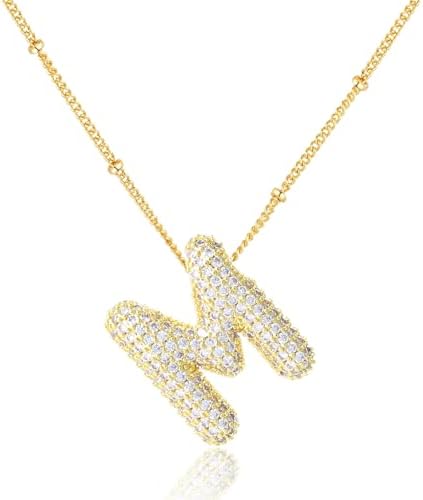 Balloon Initial Necklaces for Women, Bubble Letter Necklace 18K Gold Plated Dainty Alphabet Pendant Puffy Name Personalized Jewelry Gift