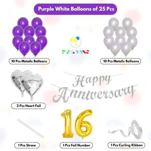 Image of Flyloons 16th Happy Anniversary Decoration Items Purple for Men Women Husband Wife Mom Dad Parent Couple Home Bedroom Car With 20 Pcs Metallic Balloons Anniversary Banner 2 Pcs Heart Set Kit
