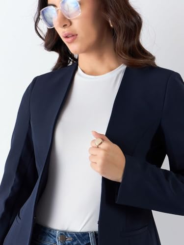Image of Powersutra Women's Navy Blue Minimalist Regular Fit Blazer with Trousers in Stretchable Fabric | Casual Wear | Formal Suit | Single-Breasted Blazer with Collarless Neck & Button Closure for Office