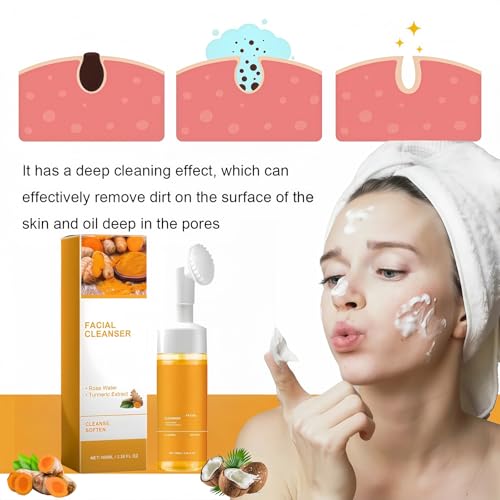 VHUTDL 2 Pcs Turmeric Brightening Facial Cleanser, Deep Cleansing Exfoliating Glow Wash Turmeric Foaming Face Wash with Brush for All Skin