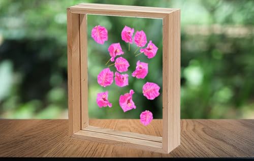 Image of Desi Rang Wooden Rectangular Frame For Wall Decor Table Top Hanging Any Green Or Dry Plant Leaf Picture Photo DIY Gift Home Decoration (Natural,Rec,7.7X5.5 Inch,With Pink Flower)