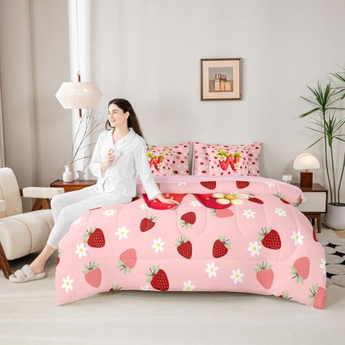 Image of Feelyou Girls Cute Strawberry Comforter Set With Sheets 7 Piece King Size Pink Strawberry Bed in a Bag Kids Boys Girls Initial Letter W Bedding Set Bedroom Decor Breathable Soft Lightweight Microfiber