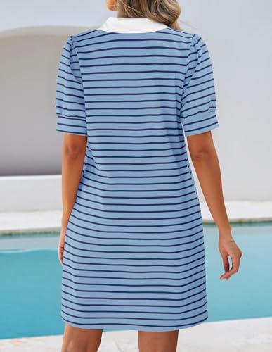 Image of ZESICA Womens Summer Striped T Shirt Mini Dresses 2026 Casual Lapel V Neck Short Sleeve Flowy A Line Beach Vacation Dress