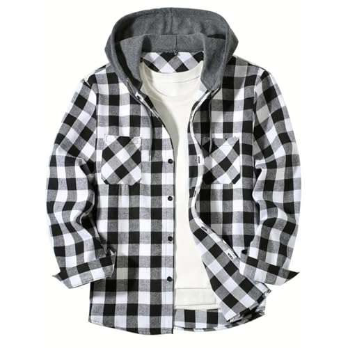 Flannel Jacket for Men Fall Plaid Printed Long Sleeve Button Down Hoodie Lightweight Casual Shirts Coat Outerwear2