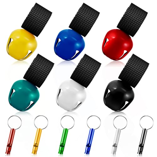 Poen 6 Pcs Bear Bell with 6 Pcs Whistle for Hiking Loud Bear Bell with Magnetic Silencer Hiking Gear for Dog Horse Survival Biking Camping Hunting Outdoors Sports
