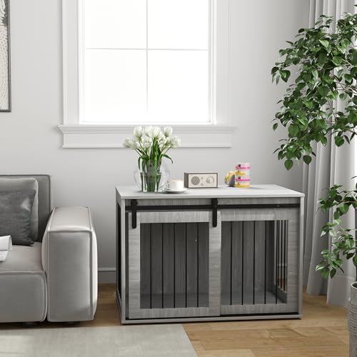 PawHut Hundekäfig 98 cm Hundebox für Zuhause mit Abschließbar Schiebetüren Moderne Metall Indoor Hundehütte für große Hunde Hundehaus 98 x 58 x 61 cm Grau