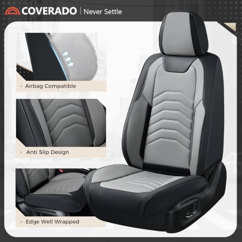Image of Coverado Front Seat Covers, Leather Car Seat Covers Luxury Automotive Seat Covers for Cars, Waterproof Car Seat Protectors Car Seat Cushion Universal Fit for Most Cars Trucks SUV Vehicles, Black&Gray