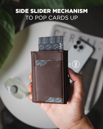 Image of VULKIT Airtag Wallet with Keyring Mens Pop up Credit Card Wallet with Air Tag Holder Trifold ID Window RFID Blocking, Top Grain Cowhide Espresso, Minimalist