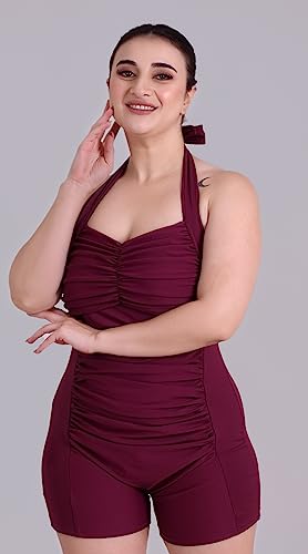 Image of Keepfit Women One Piece Sleeveless Halter Neck Ruched Swim Legsuit |Swimming Suit for Women