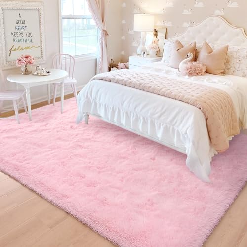 HOMORE Pink Rug for Girls, 5x8 Fluffy Shag Rugs for Living Room, Soft Bedroom Rugs for Kids Room, Cute Carpets for Dorm, Furry Rug for Nursery Indoor Decor
