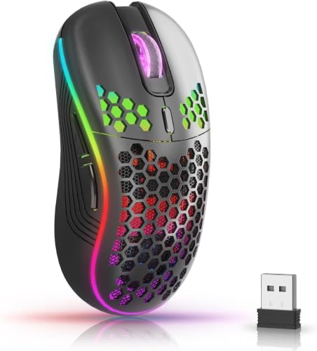 SYOSI Wireless Gaming Mouse for Laptops and PC Rechargeable Computer Mouse with Dynamic RGB Backlight 6 Buttons with Adjustable 1600 DPI Lightweight Honeycomb Shell Design White Finish