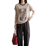 [Catorfarious] サマーニット レディース ニット Tシャツ 半袖 透け感 象柄 リンガーTシャツ 配色 ゆったり 体型カバー レトロ カジュアル 大人可愛い 夏服
