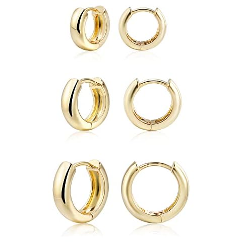 CONRAN KREMIX Small Thick Gold Chunky Hoop Earrings Set For Women 14K Real Gold Lightweight Huggie Hoops 3Pair Gifts Cover
