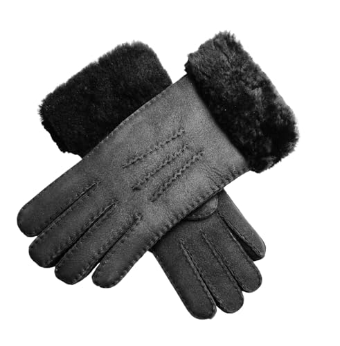 Infinity Leather Womens Gants en peau de mouton daim noir avec manchette en fourrure