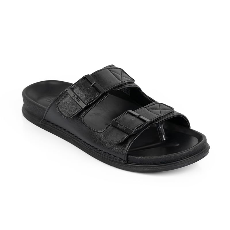 Image of Jogger Men's Casual Double Strap Buckle Slipper | Comfortable Slide Sandal (Black, UK Footwear Size System, Adult, Men, Numeric, Medium, 6)