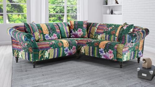Vibrant Green Multicoloured 5 Seater Corner Patchwork Sofa 217 x 217 Cm – Comfortable Elegant L Shaped Living Room Sectional Couch with Striped & Floral Patterns , Solid Wood Frame & Durable Fabric - Image 8