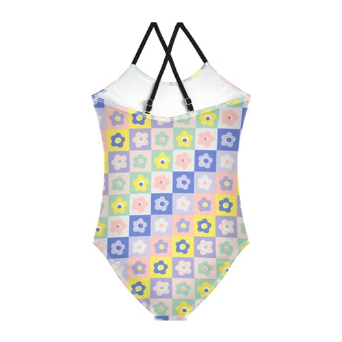 Image of Black and White Chess Girls One Piece Swimsuits Board Marble Tile Sport Halter Swimwear Beach Bathing Suit 3T