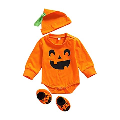 HodJIU Newborn Baby Boys Girls Pumpkin Outfits Halloween Costume Set 3Pcs Long Sleeve Romper Bodysuit + Hat +Shoes (Orange, 0-3 Months) Cover