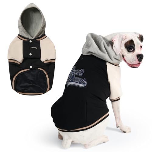 Image of Spark Paws Varsity Dog Hoodie - Premium Dog Sweater for Small, Medium, and Large Dogs | Warm Clothes for Pets, Winter Jacket Alternative - Black - 3XL