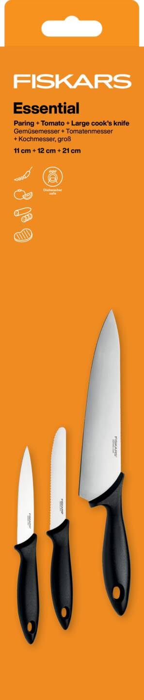 Fiskars Zestaw noży (3 części), duży nóż kuchenny, nóż do warzyw, nóż do pomidorów, długość ostrza: 21 cm, 11 cm, 11,5 cm), Essential, stal nierdzewna/tworzywo PP, czarny, 1081134